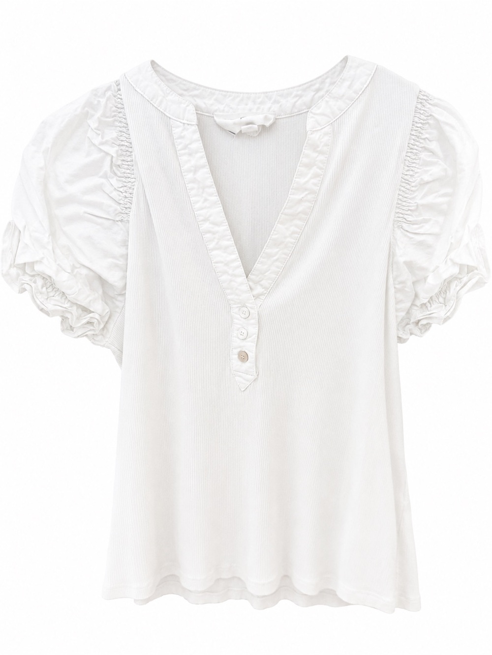 Pomander Place White Puff-Sleeve V-Neck Blouse